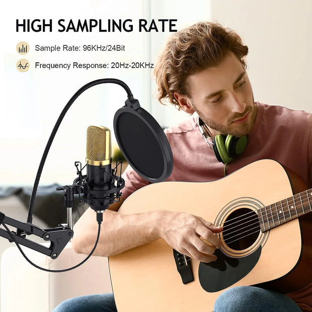 USB Condenser Microphone, 96Khz/24Bit Cardioid Computer Mic Kit for PC Recording, Gaming, Live Streaming, Voice Over, Youtube, Twitch, with Upgraded Boom Arm, ZY-UA2 (Gold)