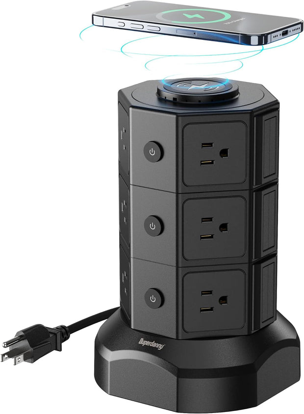 Accessories & Supplies, Electronics, Power Strips, Power Strips & Surge ProtectorsTower Power Strip with 15W Wireless Charger,  1050J Surge Protector Tower 13A Charging Station with 12 AC Outlets & 6 USB Ports (2 USB C), 6.5Ft Black Extension Cord for Dorm Essentials - Premium  from Nobles Store - Just $82.87! Shop now at Nobles Store
