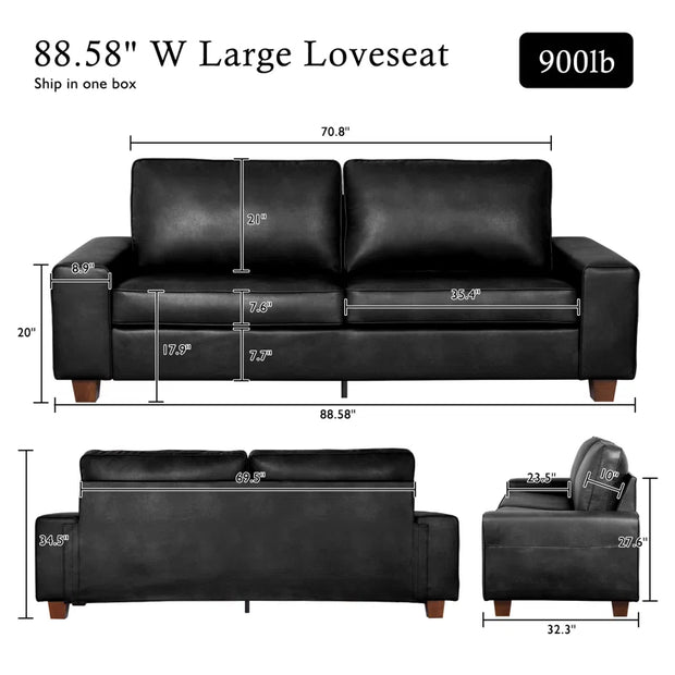 89" Upholstered Vegan Leather Sofa with Wide Square Arms and Storage Pockets Couches