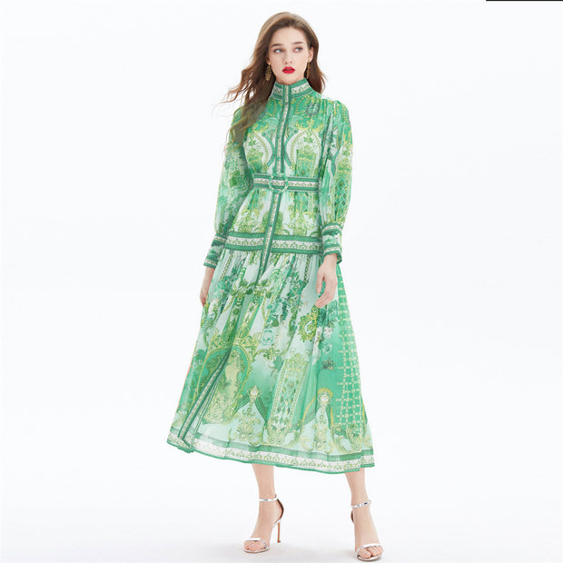 Clothing, null, WomenVacation Style Lantern Sleeve Chiffon Stand-up Collar Flounced Skirt Swing Waist-slimming Long Dress - Premium 0 from Nobles Store - Just $81.05! Shop now at Nobles Store