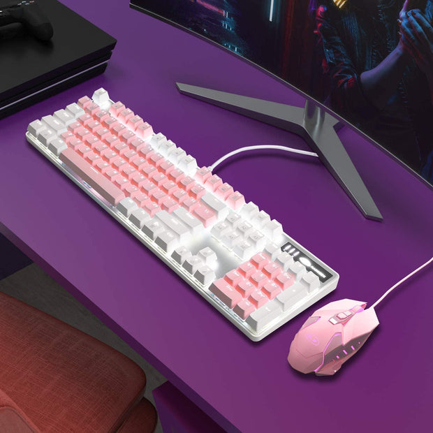 Accessories, Gaming Keyboards, PC, Video GamesMechanical Gaming Keyboard, New Upgraded Blue Switch 104 Keys White Backlit Keyboards, USB Wired Mechanical Computer Keyboard for Laptop, Desktop, PC Gamers(White & Pink) - Premium  from Nobles Store - Just $55.66! Shop now at Nobles Store