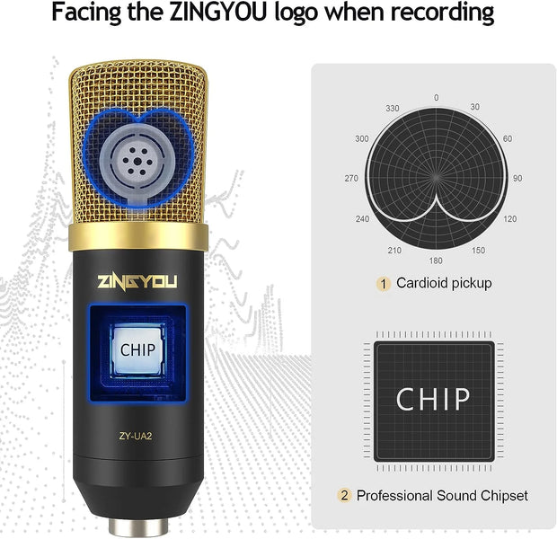 USB Condenser Microphone, 96Khz/24Bit Cardioid Computer Mic Kit for PC Recording, Gaming, Live Streaming, Voice Over, Youtube, Twitch, with Upgraded Boom Arm, ZY-UA2 (Gold)