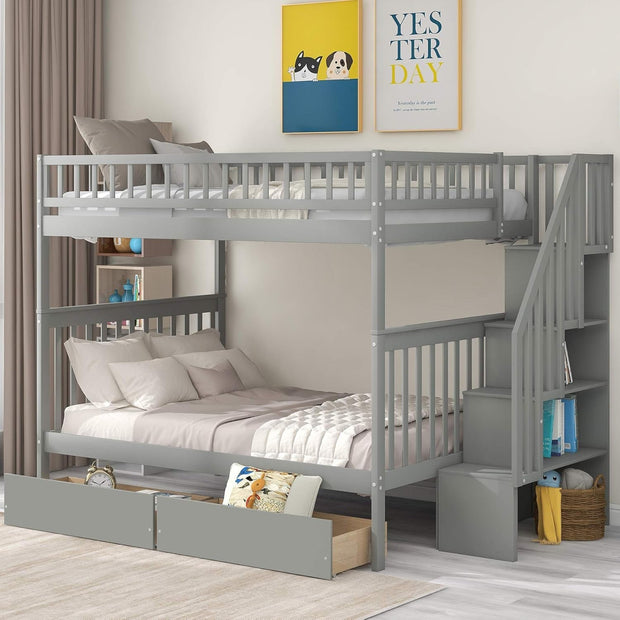 Bedroom Furniture, Beds, Frames & Bases, Furniture, Home & KitchenBunk Beds Full over Full Size, Solid Wood Full Bunk Beds with Drawers and Stairway, Full Length Guardrail, No Box Spring Needed (Grey Full over Full Bunk Beds) - Premium  from Nobles Store - Just $702.87! Shop now at Nobles Store