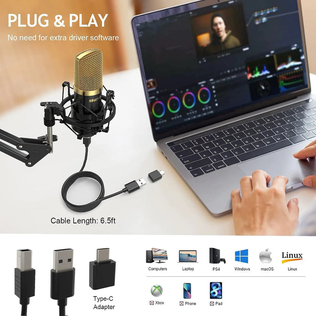 USB Condenser Microphone, 96Khz/24Bit Cardioid Computer Mic Kit for PC Recording, Gaming, Live Streaming, Voice Over, Youtube, Twitch, with Upgraded Boom Arm, ZY-UA2 (Gold)