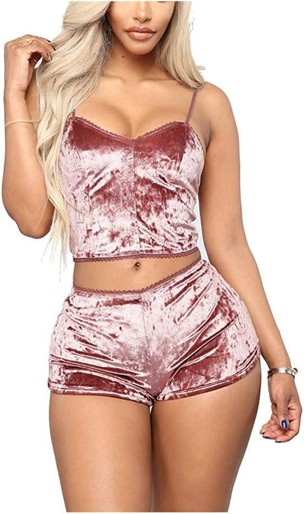 Clothing, Lingerie, Sets, Shoes & Jewelry, Sleep & Lounge, WomenWomen'S Velvet 2 Piece Outfit Spaghetti Strap Sleeveless Crop Top Camisole and Shorts Pajamas Set Sleepwear Nightwear - Premium  from Nobles Store - Just $39.17! Shop now at Nobles Store