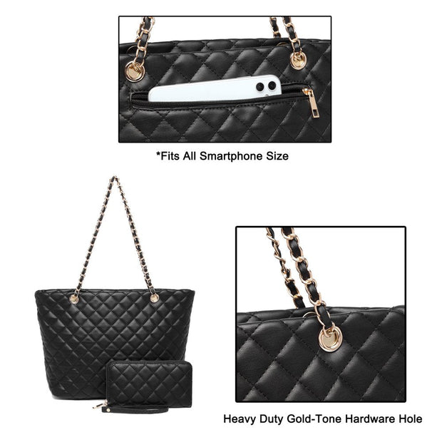 Bags & Accessories, Clothing, Women's Bags, Women's Bags & Accessories, Womens Tote BagsPoppy Quilted Women Handbags Purses Leather Tote Bag Satchel Wallet Set 2Pcs Chain Strap Shoulder Bag Classic - Premium  from Nobles Store - Just $64.19! Shop now at Nobles Store