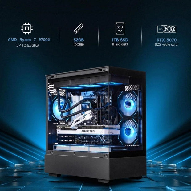 Gaming Desktop PC, Ryzen 7 9700X, RTX5070 12GB,1TB SSD, 32GB DDR5, Black, Windows 11 Home