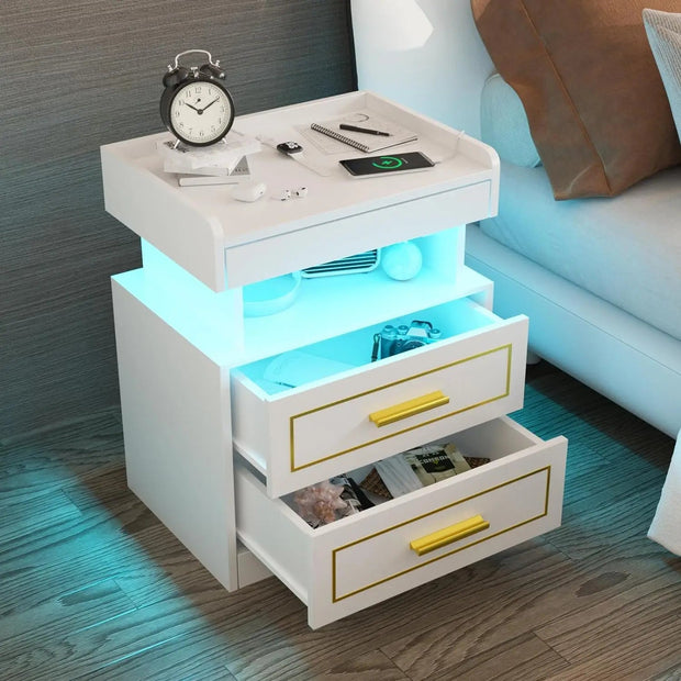 Bedroom Furniture, Furniture, Home FurnitureModern Bedside Table with 2 Drawers Drawer Bedside Table with Charging Station and LED Light Bedroom Furniture Pull-Out Shelves - Premium  from Nobles Store - Just $205.18! Shop now at Nobles Store