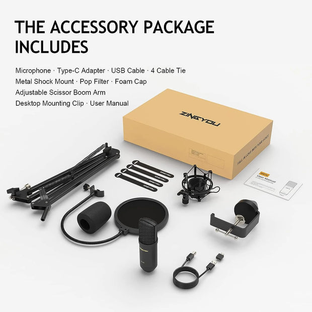 XLR Condenser Microphone, Professional Studio Recording Microphone Kit with Vertical Steel Boom Arm and Removable Pop Filter, Free Installation - Black