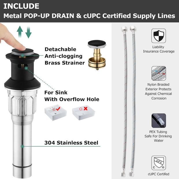 Bathroom Fixtures, Bathroom Sink Faucets & Parts, Kitchen & Bath Fixtures, Tools & Home Improvement, Touch On Faucets2-Handle Bathroom Faucet with Metal Drain Assembly & Supply Lines NSF Cupc Certified, Matte Black, 1359104 - Premium  from Nobles Store - Just $65.67! Shop now at Nobles Store