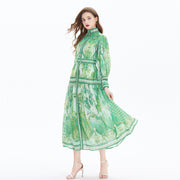 Clothing, null, WomenVacation Style Lantern Sleeve Chiffon Stand-up Collar Flounced Skirt Swing Waist-slimming Long Dress - Premium 0 from Nobles Store - Just $81.05! Shop now at Nobles Store