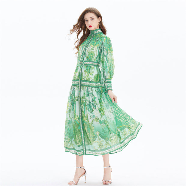 Clothing, null, WomenVacation Style Lantern Sleeve Chiffon Stand-up Collar Flounced Skirt Swing Waist-slimming Long Dress - Premium 0 from Nobles Store - Just $81.05! Shop now at Nobles Store