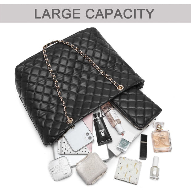 Bags & Accessories, Clothing, Women's Bags, Women's Bags & Accessories, Womens Tote BagsPoppy Quilted Women Handbags Purses Leather Tote Bag Satchel Wallet Set 2Pcs Chain Strap Shoulder Bag Classic - Premium  from Nobles Store - Just $64.19! Shop now at Nobles Store