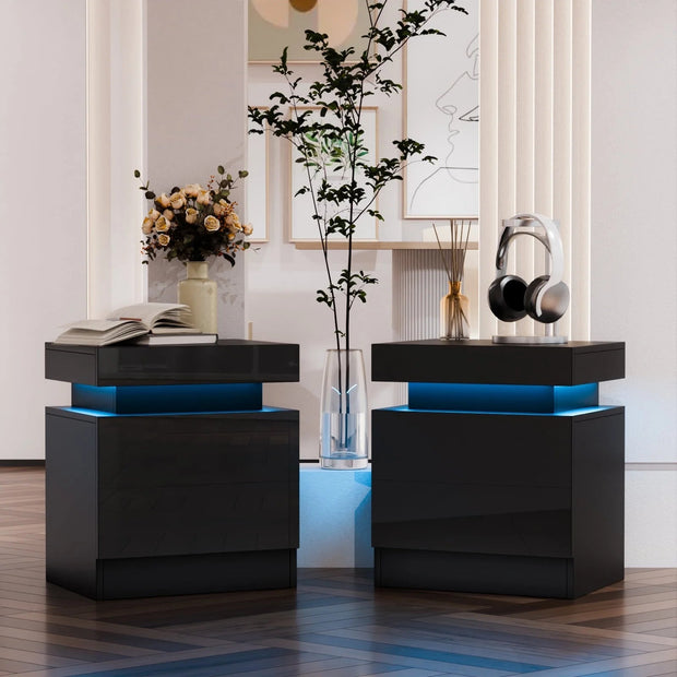 Bedroom Furniture, Black Nightstands, Furniture, Home, NightstandsHigh Gloss LED Nightstand Set of 2 Black Bedside Table with 2 Drawers Modern Night Stand with Drawer Side Table Cabinet with Led Night Stands for Bedroom Side Table for Bed Home Furniture - Premium  from Nobles Store - Just $235.35! Shop now at Nobles Store