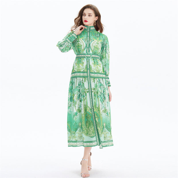 Clothing, null, WomenVacation Style Lantern Sleeve Chiffon Stand-up Collar Flounced Skirt Swing Waist-slimming Long Dress - Premium 0 from Nobles Store - Just $81.05! Shop now at Nobles Store