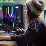 XLR Condenser Microphone, Professional Studio Recording Microphone Kit with Vertical Steel Boom Arm and Removable Pop Filter, Free Installation - Black