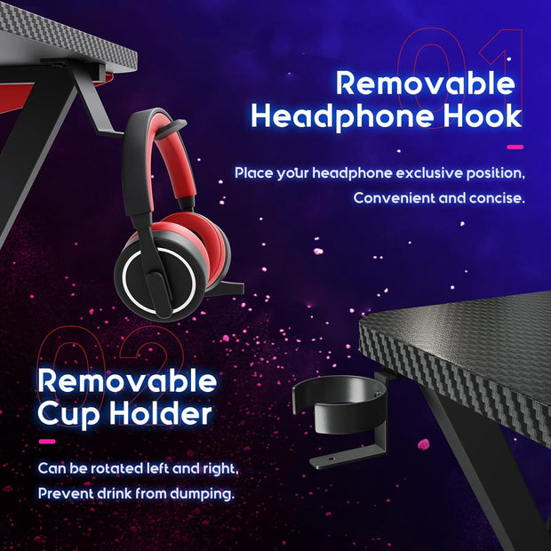 L Shaped Gaming Desk, 66 Inch Gaming Table with Carbon Fiber Texture, Corner Gaming Desk with Monitor Shelf, Cup Holder & Headphone Hook, PC Computer Desk for Gamer, Black