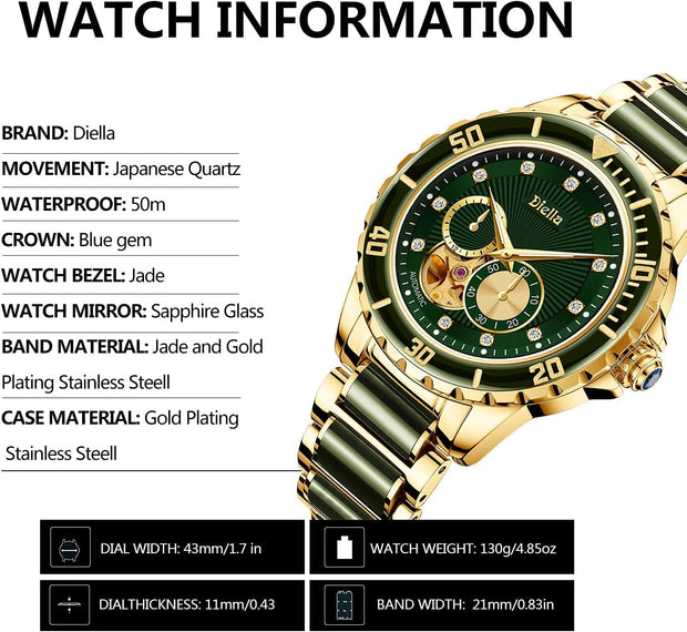 Clothing, Men, Shoes & Jewelry, Watches, Wrist WatchesMen'S Automatic Mechanical Wrist Watches, Luxury Skeleton Watches for Men with Black Green Jade & Steel Strap - Premium  from Nobles Store - Just $669! Shop now at Nobles Store