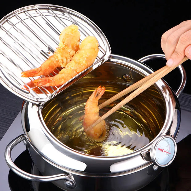 Cookware, Dining & Bar, Home & Garden, KitchenJapanese Deep Frying Pot with a Thermometer and a Lid 304 Stainless Steel Kitchen Tempura Fryer Pan 20 24 Cm KC0405 - Premium  from Nobles Store - Just $78.74! Shop now at Nobles Store