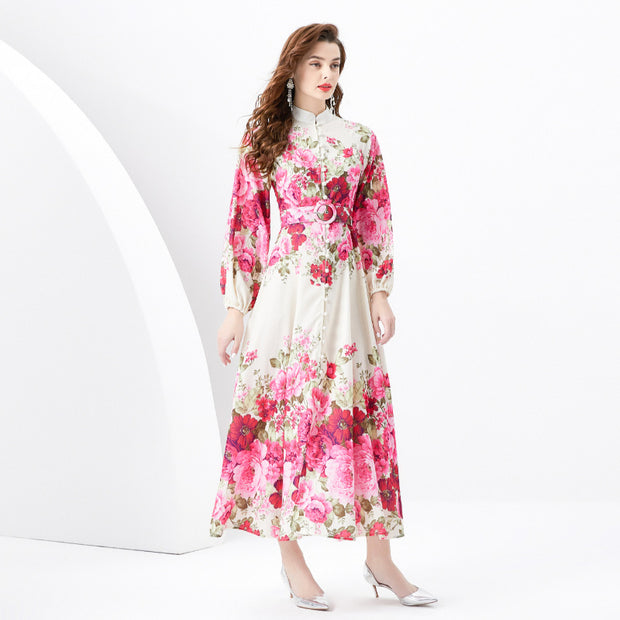 WomenRetro Stand Collar Single-breasted Printed Wide Swing Long Dress - Premium 0 from Nobles Store - Just $62.74! Shop now at Nobles Store
