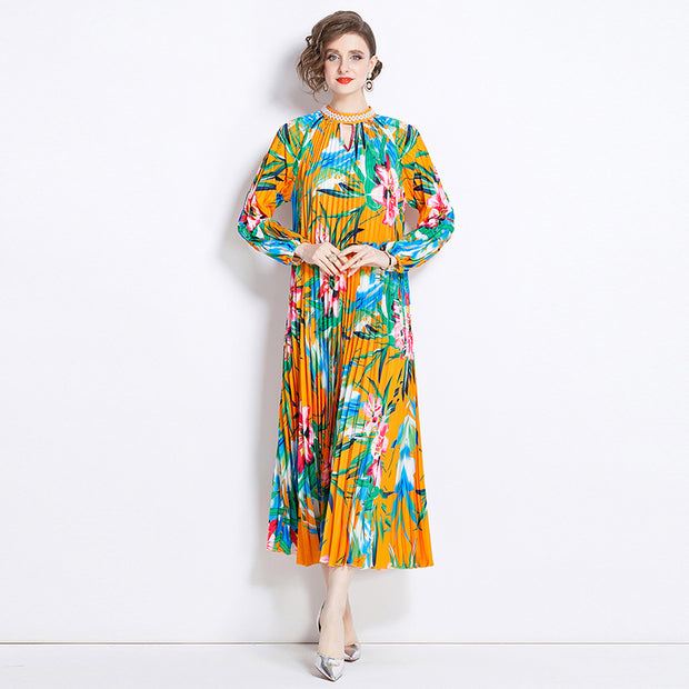 WomenBeaded Positioning Printed Pleated Pearl Buckle Pleated Dress - Premium 0 from Nobles Store - Just $38.01! Shop now at Nobles Store