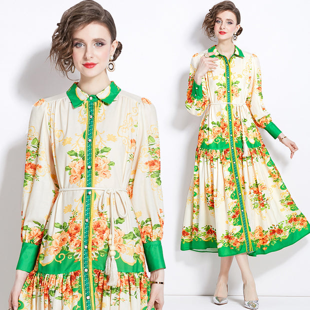 WomenRetro Cotton And Linen Lapel Lantern Sleeve Printing Dress - Premium 0 from Nobles Store - Just $52.17! Shop now at Nobles Store
