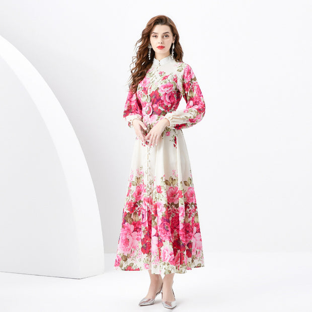 WomenRetro Stand Collar Single-breasted Printed Wide Swing Long Dress - Premium 0 from Nobles Store - Just $62.74! Shop now at Nobles Store