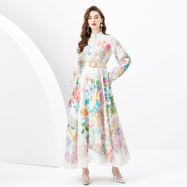 WomenVacation Style Retro Stand Collar Single-breasted Printed Wide Swing Long Dress - Premium 0 from Nobles Store - Just $38.74! Shop now at Nobles Store