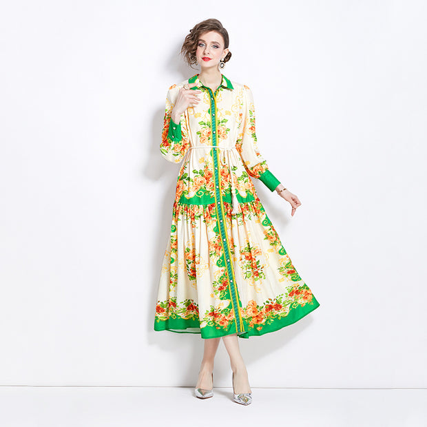 WomenRetro Cotton And Linen Lapel Lantern Sleeve Printing Dress - Premium 0 from Nobles Store - Just $52.17! Shop now at Nobles Store