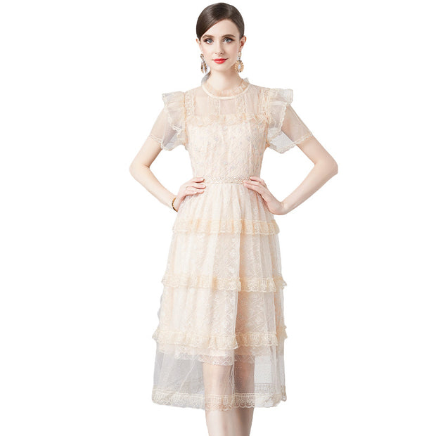 WomenMesh Embroidery Solid Color Goddess Temperament Cake Dress - Premium 0 from Nobles Store - Just $39.73! Shop now at Nobles Store