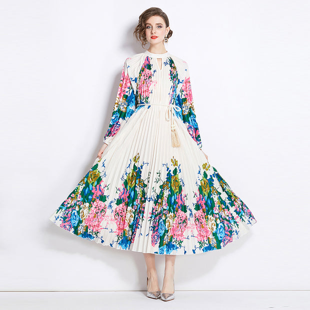 WomenPrinted Lantern Sleeve Pleated Tassel Belt Dress - Premium 0 from Nobles Store - Just $36.35! Shop now at Nobles Store