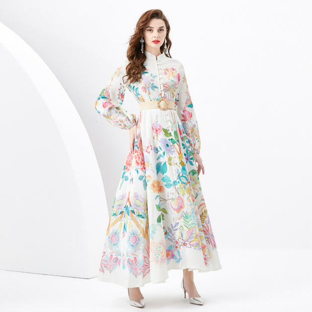 WomenVacation Style Retro Stand Collar Single-breasted Printed Wide Swing Long Dress - Premium 0 from Nobles Store - Just $38.74! Shop now at Nobles Store