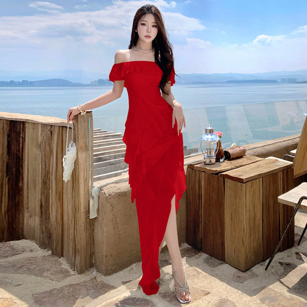 WomenOff-shoulder Dress Spring Temperament Design Lotus Leaf Irregular - Premium 0 from Nobles Store - Just $37.58! Shop now at Nobles Store