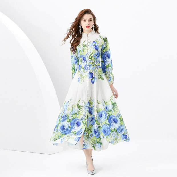 WomenRetro Stand Collar Single-breasted Printed Wide Swing Long Dress - Premium 0 from Nobles Store - Just $58.74! Shop now at Nobles Store