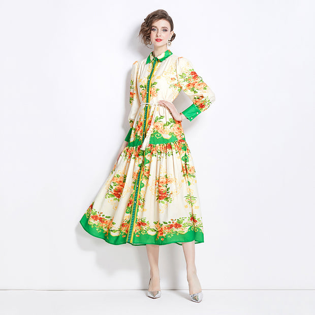 WomenRetro Cotton And Linen Lapel Lantern Sleeve Printing Dress - Premium 0 from Nobles Store - Just $52.17! Shop now at Nobles Store