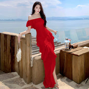 WomenOff-shoulder Dress Spring Temperament Design Lotus Leaf Irregular - Premium 0 from Nobles Store - Just $37.58! Shop now at Nobles Store