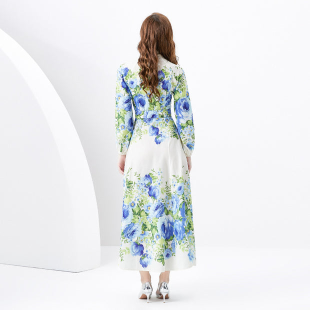 WomenRetro Stand Collar Single-breasted Printed Wide Swing Long Dress - Premium 0 from Nobles Store - Just $58.74! Shop now at Nobles Store