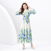 WomenRetro Stand Collar Single-breasted Printed Wide Swing Long Dress - Premium 0 from Nobles Store - Just $58.74! Shop now at Nobles Store