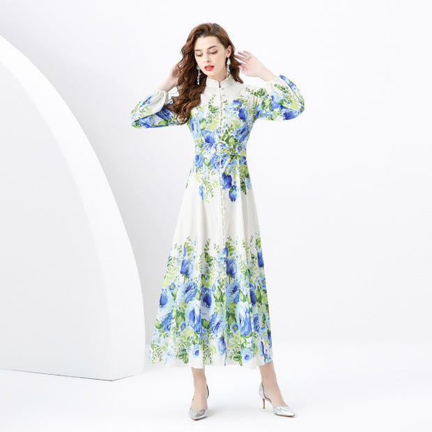 WomenRetro Stand Collar Single-breasted Printed Wide Swing Long Dress - Premium 0 from Nobles Store - Just $58.74! Shop now at Nobles Store