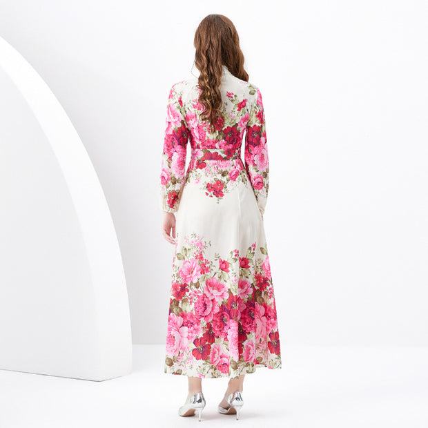 WomenRetro Stand Collar Single-breasted Printed Wide Swing Long Dress - Premium 0 from Nobles Store - Just $62.74! Shop now at Nobles Store