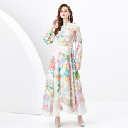 WomenVacation Style Retro Stand Collar Single-breasted Printed Wide Swing Long Dress - Premium 0 from Nobles Store - Just $38.74! Shop now at Nobles Store