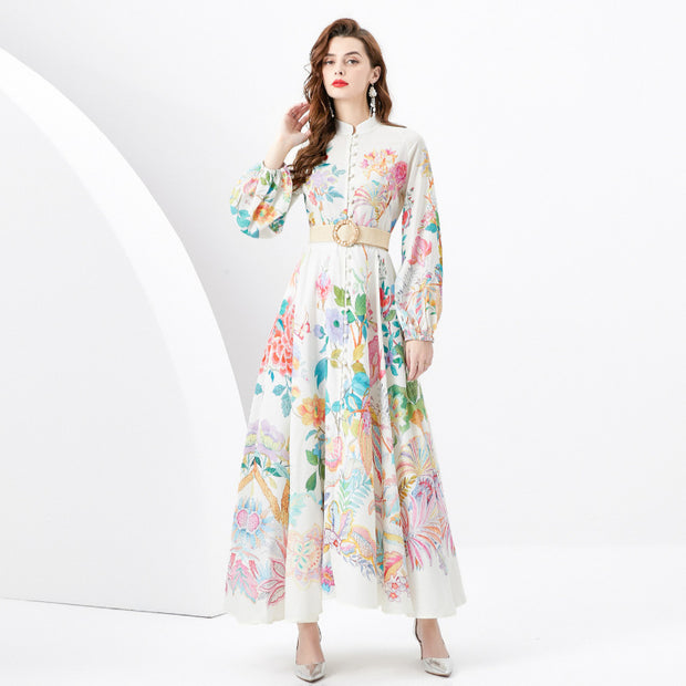 WomenVacation Style Retro Stand Collar Single-breasted Printed Wide Swing Long Dress - Premium 0 from Nobles Store - Just $38.74! Shop now at Nobles Store