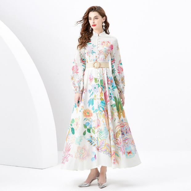 WomenVacation Style Retro Stand Collar Single-breasted Printed Wide Swing Long Dress - Premium 0 from Nobles Store - Just $38.74! Shop now at Nobles Store