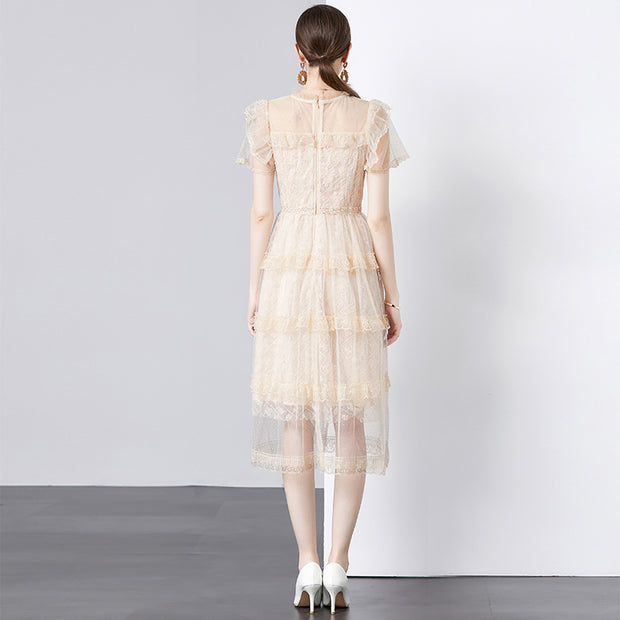 WomenMesh Embroidery Solid Color Goddess Temperament Cake Dress - Premium 0 from Nobles Store - Just $39.73! Shop now at Nobles Store