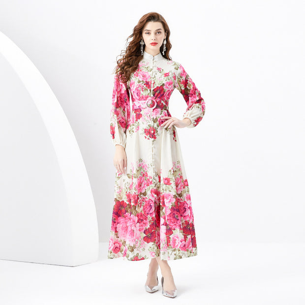 WomenRetro Stand Collar Single-breasted Printed Wide Swing Long Dress - Premium 0 from Nobles Store - Just $62.74! Shop now at Nobles Store