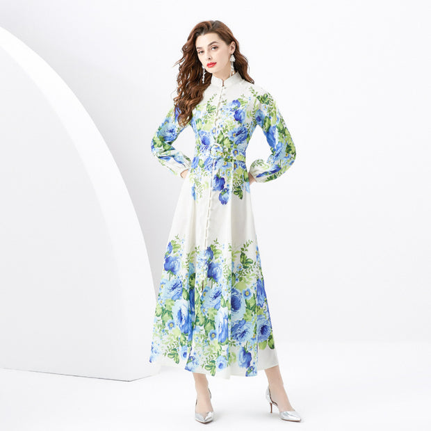 WomenRetro Stand Collar Single-breasted Printed Wide Swing Long Dress - Premium 0 from Nobles Store - Just $58.74! Shop now at Nobles Store