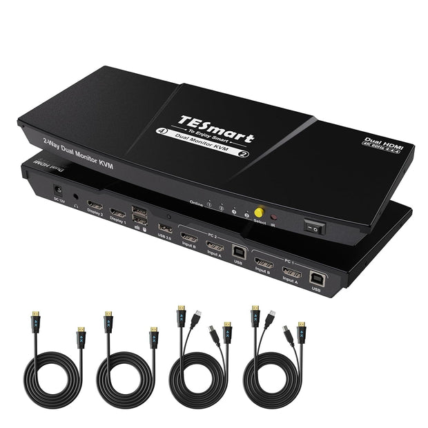 HDMI KVM Switch 2 Monitors 2 Computers 4K@60Hz, USB 2.0, Dual Monitor KVM Switch HDMI 2 Port Extended Display, EDID Emulators, L/R Audio, Hotkey Switch, Button Switch with Input Cables