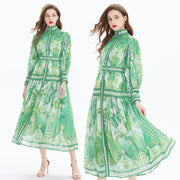 Clothing, null, WomenVacation Style Lantern Sleeve Chiffon Stand-up Collar Flounced Skirt Swing Waist-slimming Long Dress - Premium 0 from Nobles Store - Just $81.05! Shop now at Nobles Store