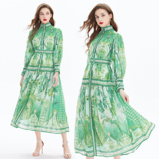 Clothing, null, WomenVacation Style Lantern Sleeve Chiffon Stand-up Collar Flounced Skirt Swing Waist-slimming Long Dress - Premium 0 from Nobles Store - Just $81.05! Shop now at Nobles Store