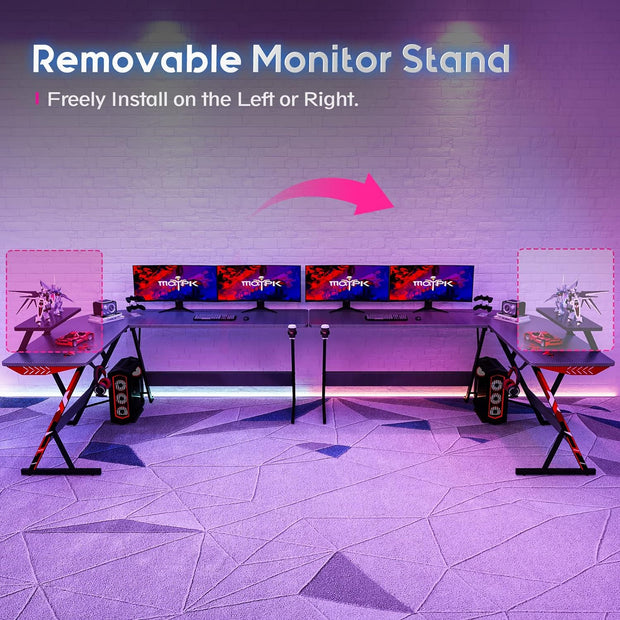 L Shaped Gaming Desk, 66 Inch Gaming Table with Carbon Fiber Texture, Corner Gaming Desk with Monitor Shelf, Cup Holder & Headphone Hook, PC Computer Desk for Gamer, Black